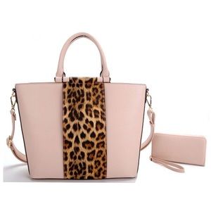 FASHION LEOPARD ACCENT 2-in-1 SATCHEL SET~PINK